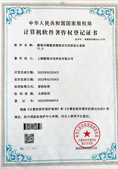 软件著作权证书（直侧视双目同屏显示系统V1.0）